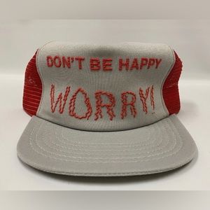 Vintage 70s 80s Don’t Be Happy Worry Red Gray Funny Snapback Trucker Hat Cap